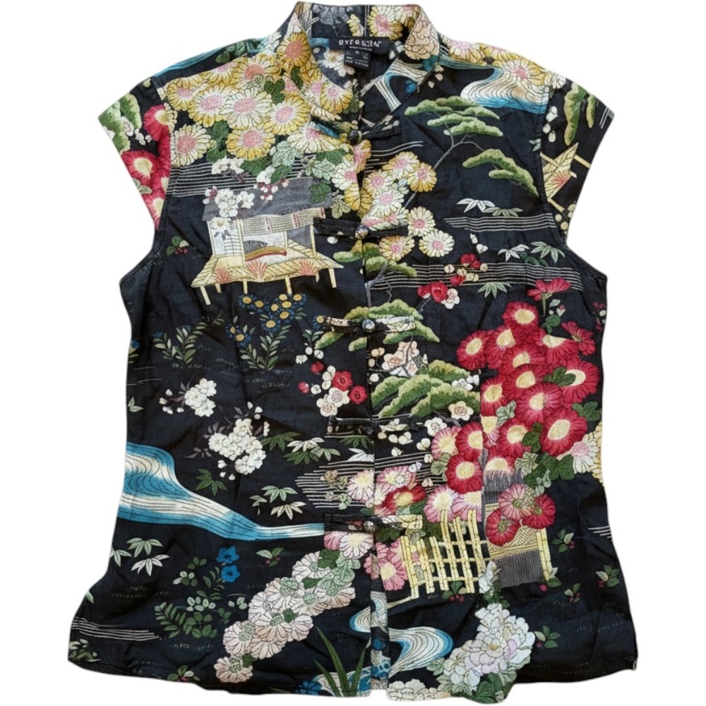 Citron Santa Monica Ramie Floral Pagoda Frog Button Mandarin Collar Blouse‎ M